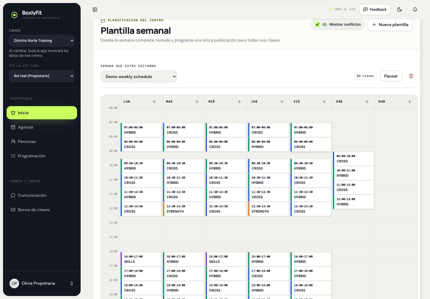 Captura real de la plantilla semanal de BoxlyFit