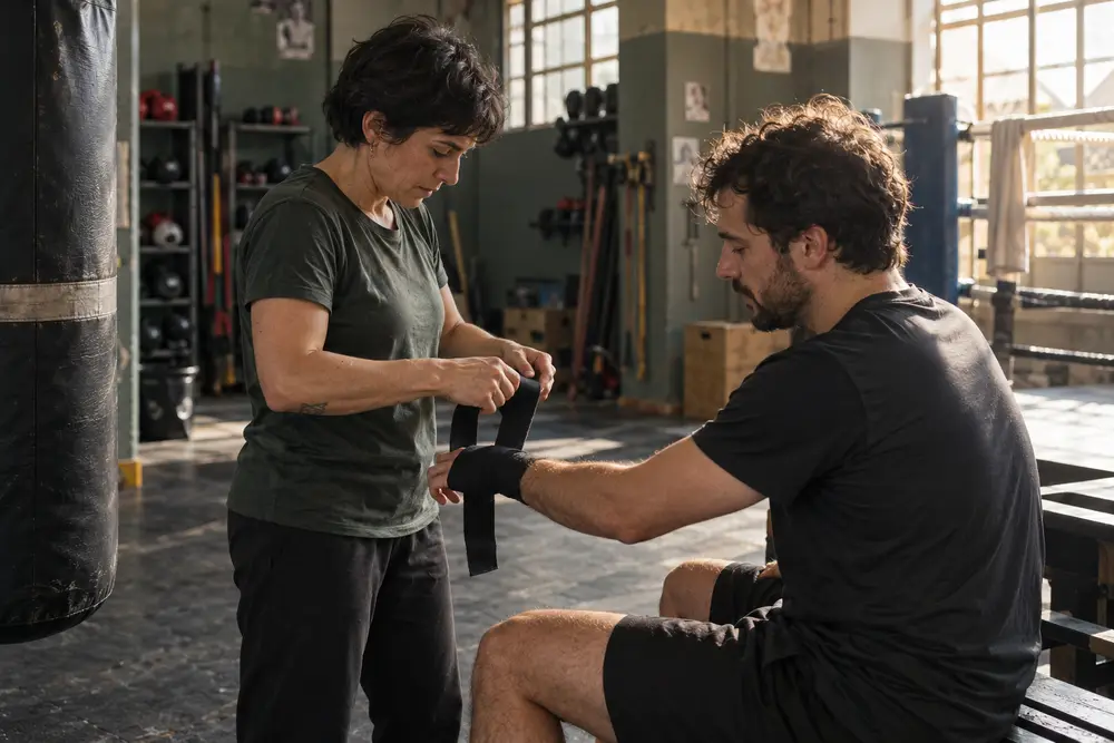 Una entrenadora prepara las vendas de un alumno adulto antes de boxeo