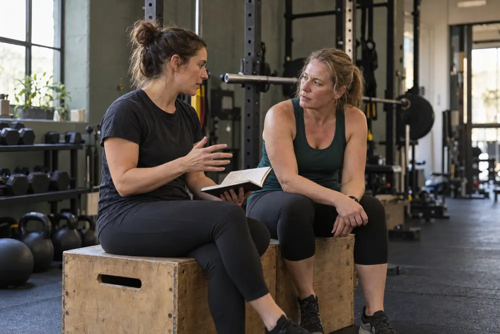 Una coach conversa con su clienta después de entrenar